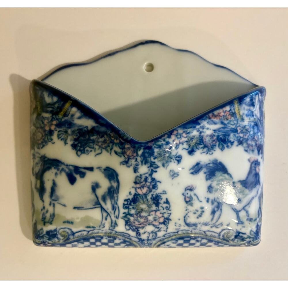 Vintage Ceramic Blue and White Pastoral Farm Animal Wall Pocket Envelope